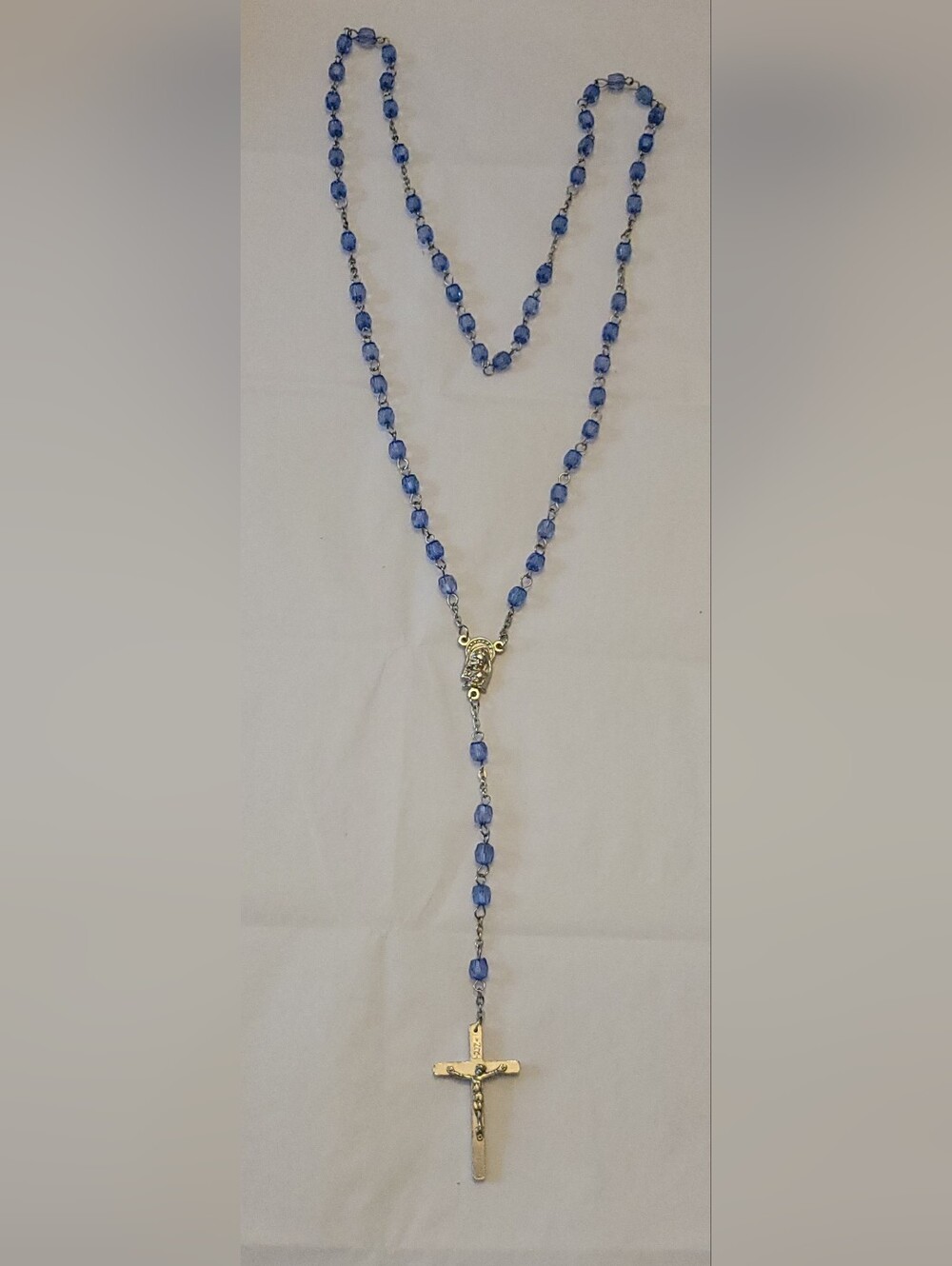 Blue Beaded Rosary Necklace with Gold-Tone Cross